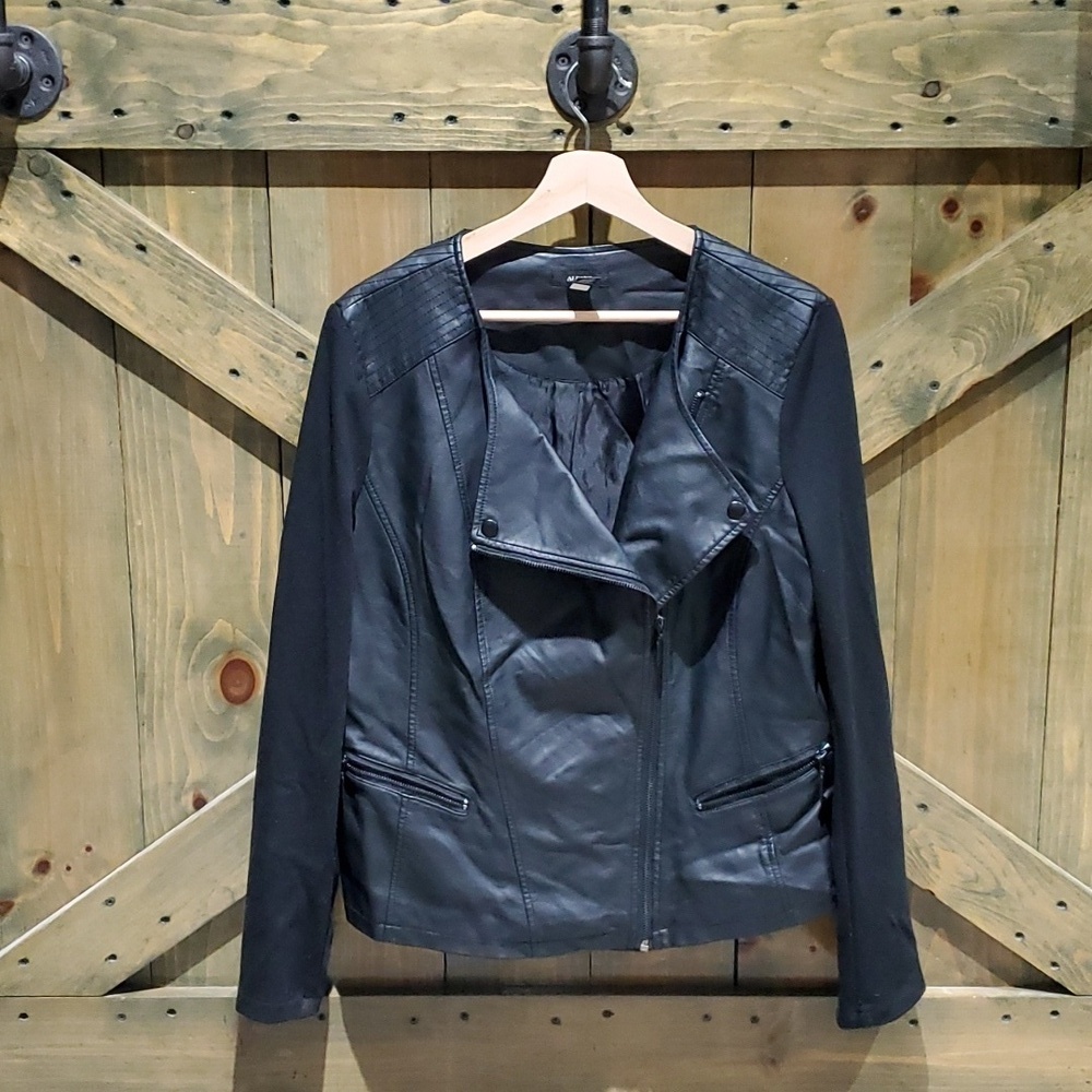 ALFANI FAUX LEATHER BLACK JACKET MATERIAL STRETCH SLEEVES CLASSIC Moto Grunge